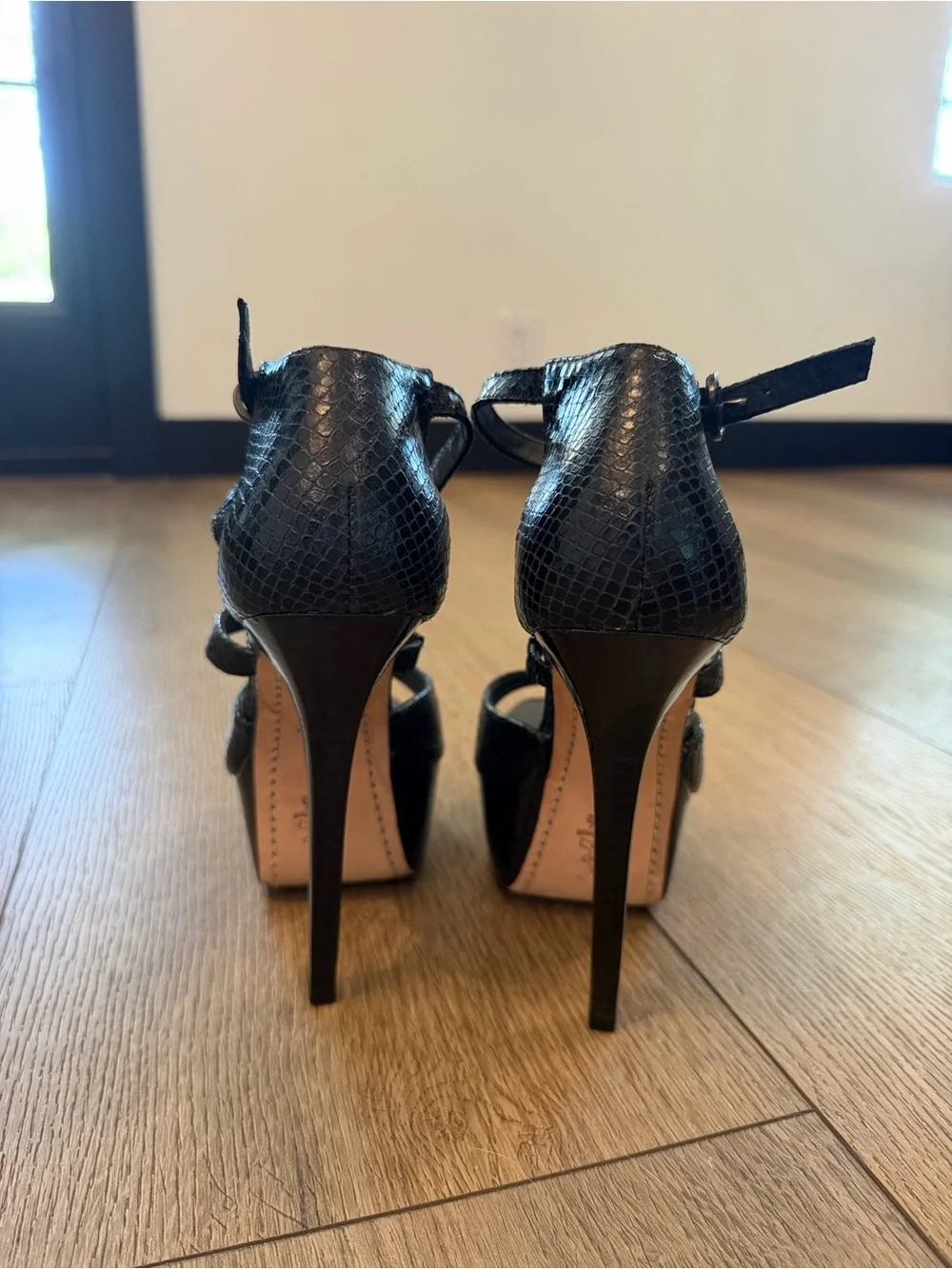 Alice + Olivia Black Snake-Embossed Platform Strappy Heels